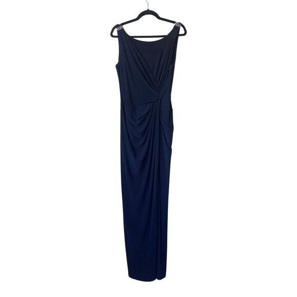 Lauren Ralph Lauren Evening Gown Size 8 Navy Blue Wrap Maxi Stretch Embellished - Picture 1 of 9